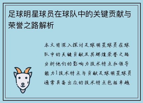 足球明星球员在球队中的关键贡献与荣誉之路解析